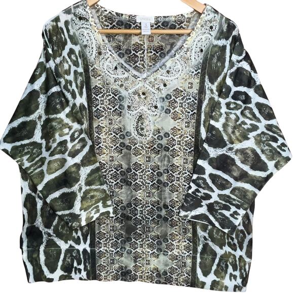 CHICOS Women’s Green Animal Print Beaded Boho Chic Relaxed Fit Blouse‎ 3/XL - Picture 1 of 6